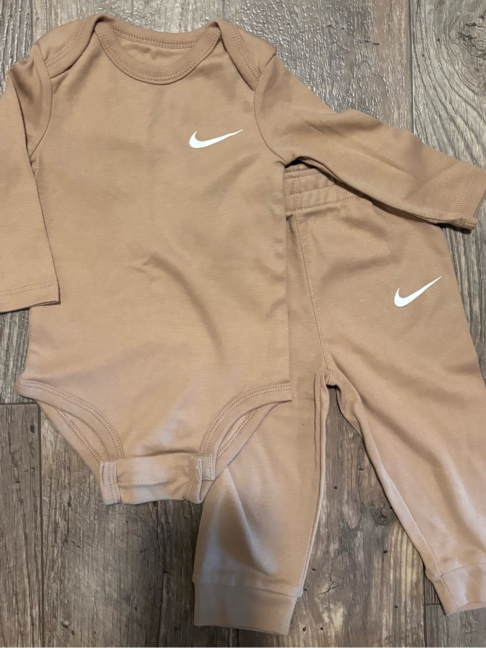 Nike Baby Tan Long-Sleeve Baby One-Piece with Matching Pants 9M